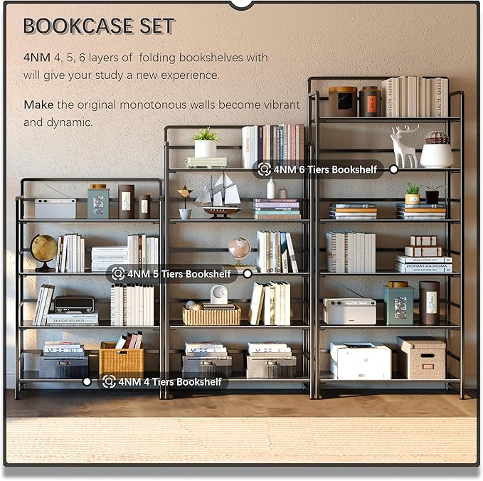 4NM No Assembly Extra Wide 5 Tiers Folding Bookshelf Storage Shelves Vintage Bookcase Standing Racks Study Organizer Home Office (All Black)