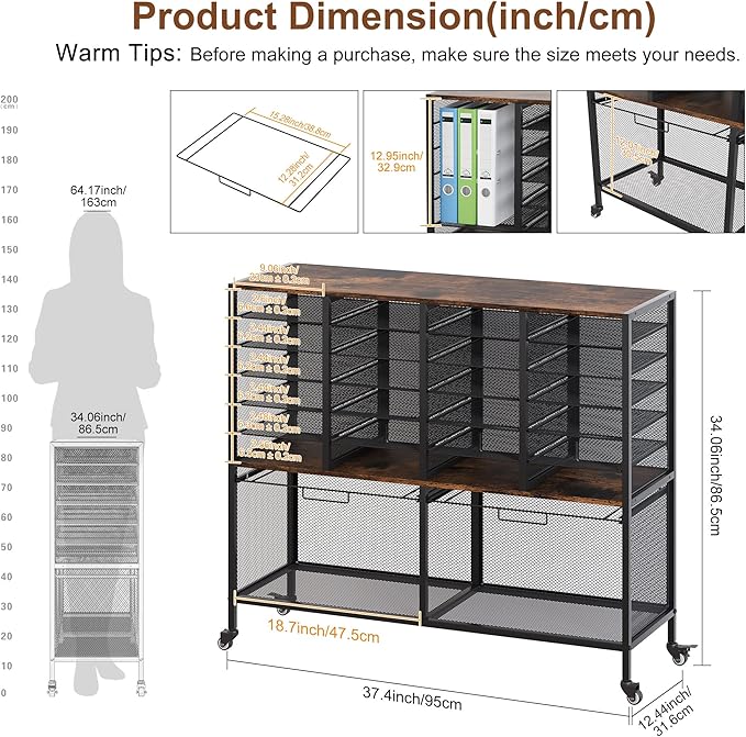 EasyPAG Rolling File Cart with 24 Slot Mail Organizer, Under Desk Storage with Hanging File Rack for Letter/Legal Folders, Mobile Filing Cabinet Printer Stand for Office Home Classroom, Black