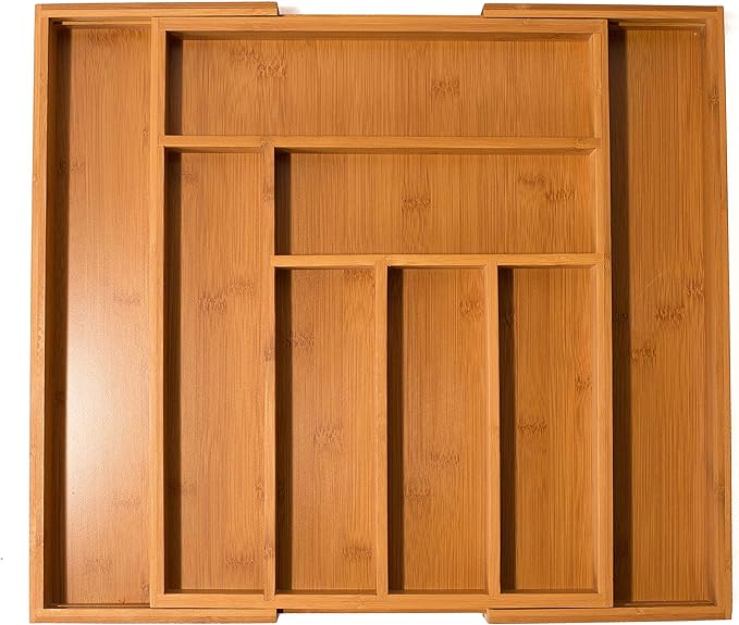 BIRDROCK HOME Bamboo Expandable Utility Drawer Organizer – Utensil Silverware – Spoon Knife Fork – 17.5 Inch – Large – Natural Wood – Tray – Adjustable Kitchen Organization