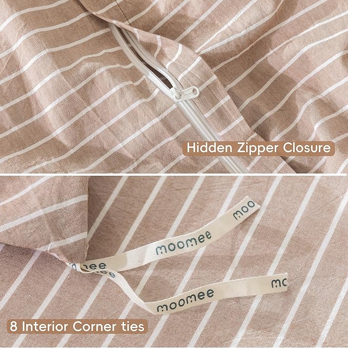 MooMee Striped Duvet Cover Set 100% Washed Cotton Linen Like Textured - Image 7