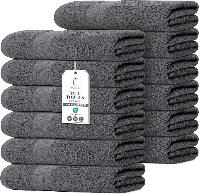 Commercial Bulk Pack of 12 Small Bath Towels – 100% Cotton Terry 24" x 46" – by TEXCRAFT
