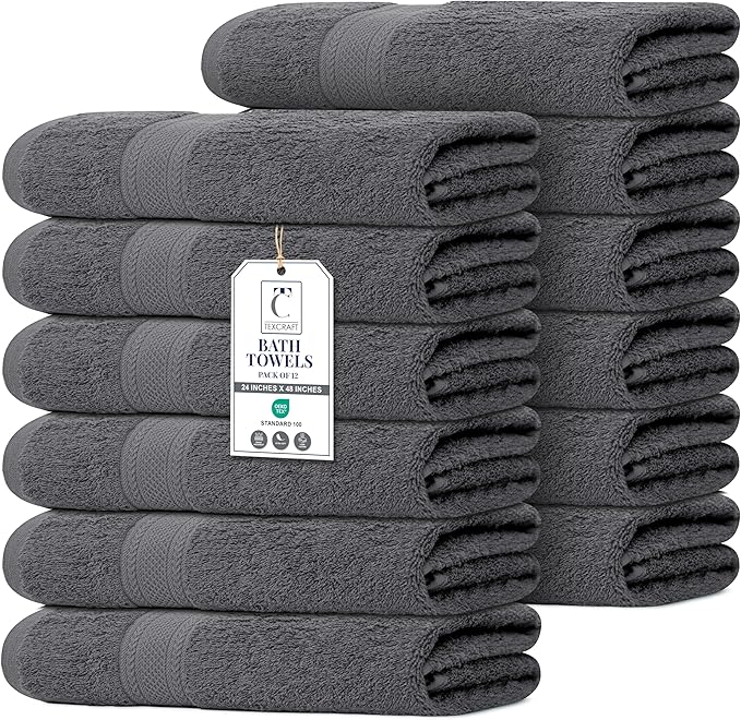 Commercial Bulk Pack of 12 Bath Towels – 100% Cotton Terry 24" x 48" – Ideal by TEXCRAFT