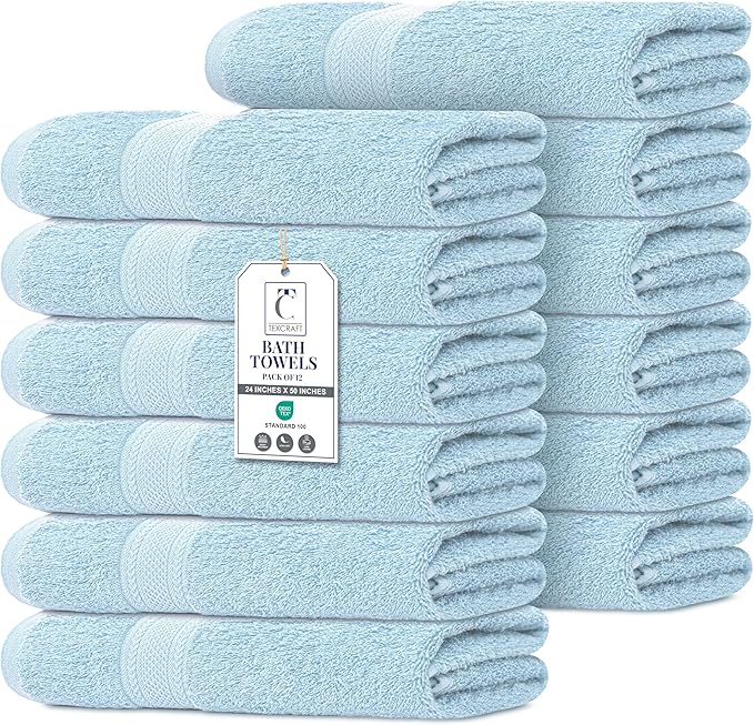 Commercial Bulk Pack of 12 Large Bath Towels – 100% Cotton Terry 24" x 50" – by TEXCRAFT