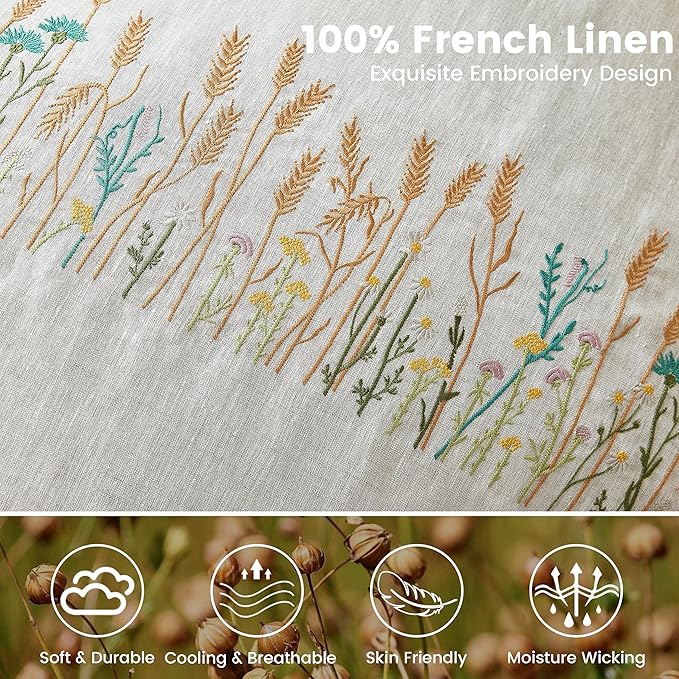 Simple&Opulence 100% Linen Euro Shams 26'' x 26'' Pack of 2, Embroidery Wheat - Image 2